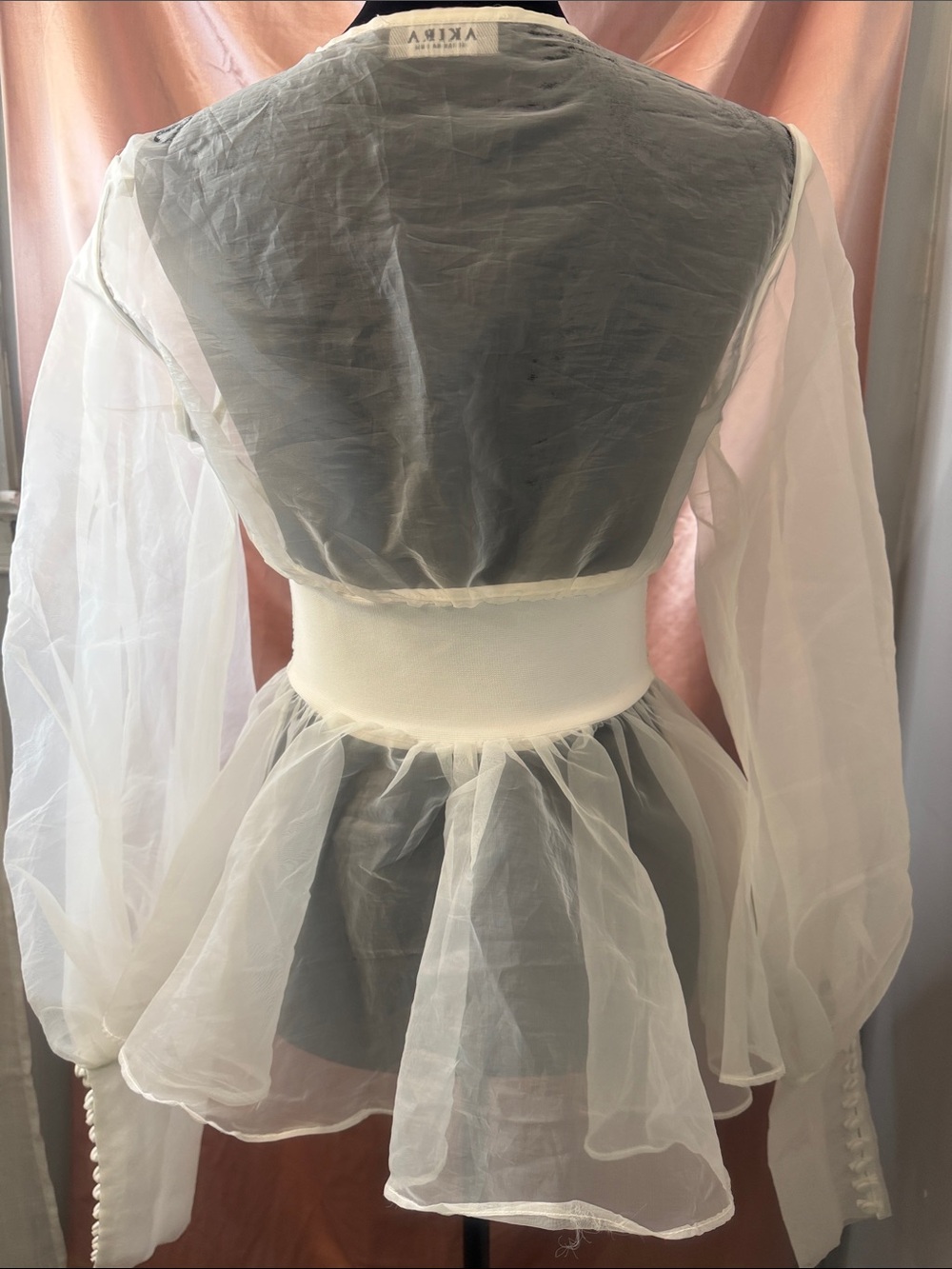 AKIRA Sheer White Organza Corset-Front Peplum Blouse - Picture 7 of 9